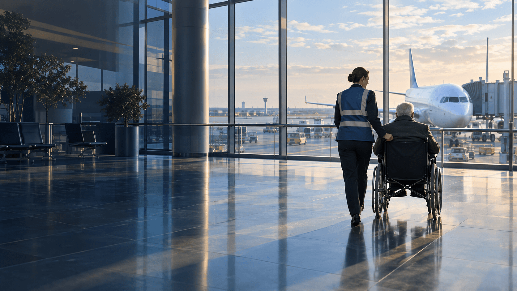 Illustrative airport assistance scene: a team member accompanying a wheelchair user towards the gate
